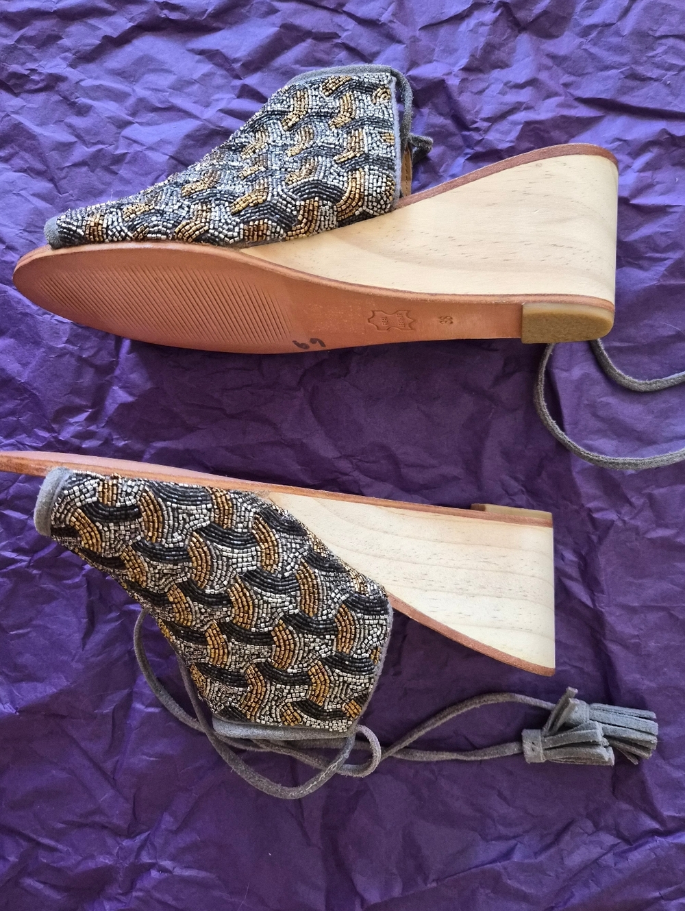 Anthropologie Beaded, Suede & Wood Wedge Sandals